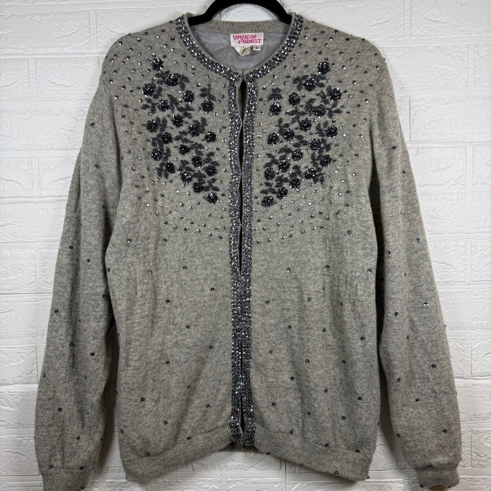 Vivien Forest Cardigan Sweater Womens L Gray Beaded Angora Lambswool Floral Trim